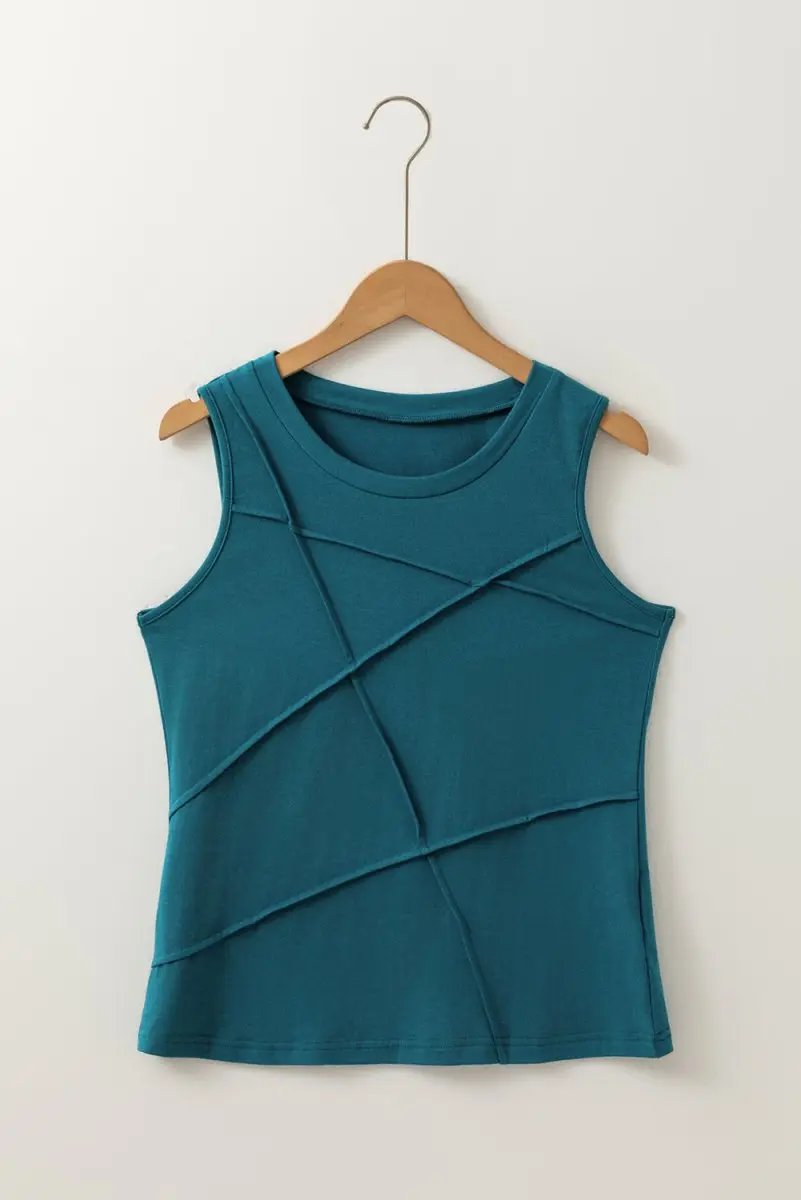 Blue Sapphire Solid Color Stitching Detail Round Neck Tank Top for Casual Wear - Love Salve